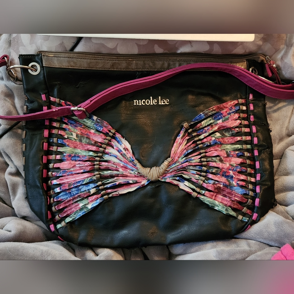Nicole Lee Black Flower MultiColor Butterfly Shoulder Bag
